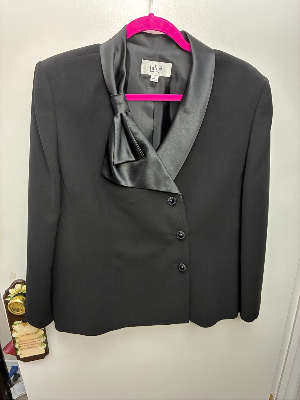 Le Suit Black Satin-Trim Bow-Accent Women's Blazer